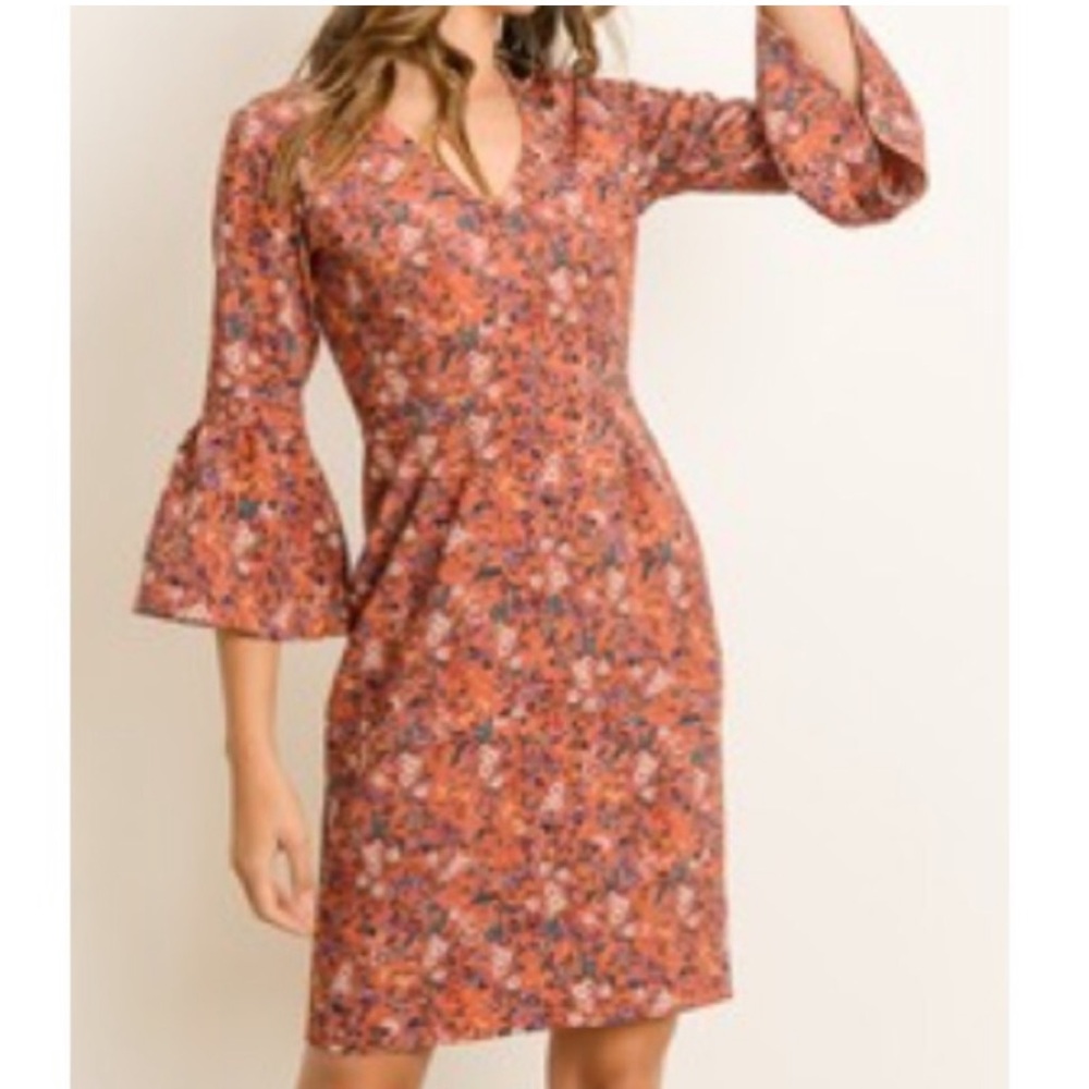 Rust Orange Floral Print Bell Sleeve Midi Pencil Skirt Dress Small Medium Large